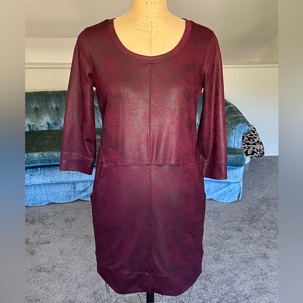 New York & Company long sleeve coated burgundy sweatshirt dress